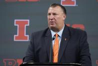 Illinois head coach Bret Bielema talks to reporters during an NCAA college football news conference at the Big Ten Conference media days, at Lucas Oil Stadium, Wednesday, July 27, 2022, in Indianapolis. (AP Photo/Darron Cummings)