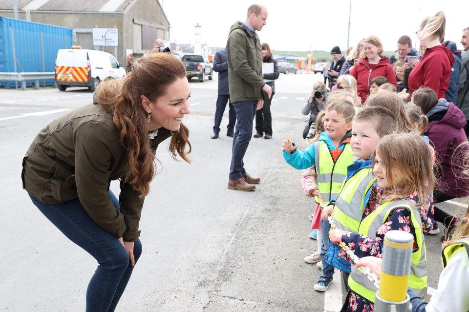 STROMNESS, SCOTLAND - MAY 25: Catherine, Duchess of Cambridge and Prince William, Duke of Cambridge speak to school children as they visit the European Marine Energy Centre on day five of their week long visit to Scotland on May 25, 2021 in Stromness, Scotland.  (Photo by Chris Jackson/Getty Images)