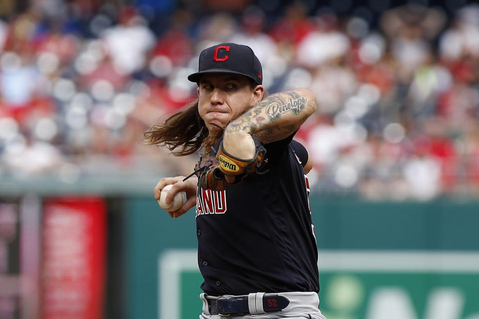 Cleveland Indians starting pitcher Mike Clevinger (52) pitches against the Washington Nationals