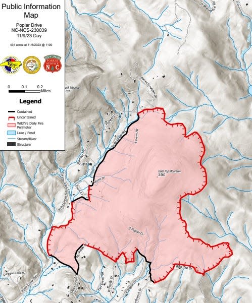 A map showing the latest update for the Edneyville wildfire from the North Carolina Forest Service.