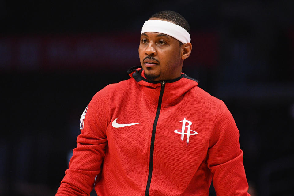 LOS ANGELES, CA - OCTOBER 21: Houston Rockets Forward Carmelo Anthony (7) looks on before a NBA game between the Houston Rockets and the Los Angeles Clippers on October 21, 2018 at STAPLES Center in Los Angeles, CA. (Photo by Brian Rothmuller/Icon Sportswire via Getty Images)