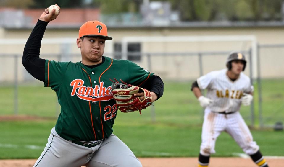 Porterville's Louie Torres pitches against Golden West in an East Yosemite League baseball game on Thursday, March 30, 2023. 