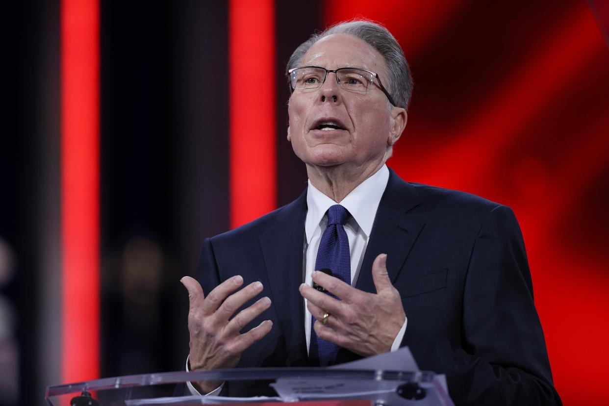 <p>Wayne LaPierre, of the National Rifle Association, addresses the Conservative Political Action Conference held in the Hyatt Regency on February 28, 2021 in Orlando, Florida.</p> (Getty )