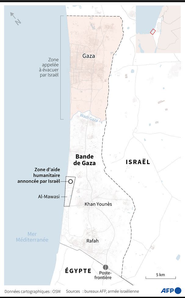 Carte de la bande de Gaza montrant la zone que l&apos;armée israélienne a ordonné aux habitants d&apos;évacuer, et la zone d&apos;aide humanitaire annoncée par l&apos;armée israélienne