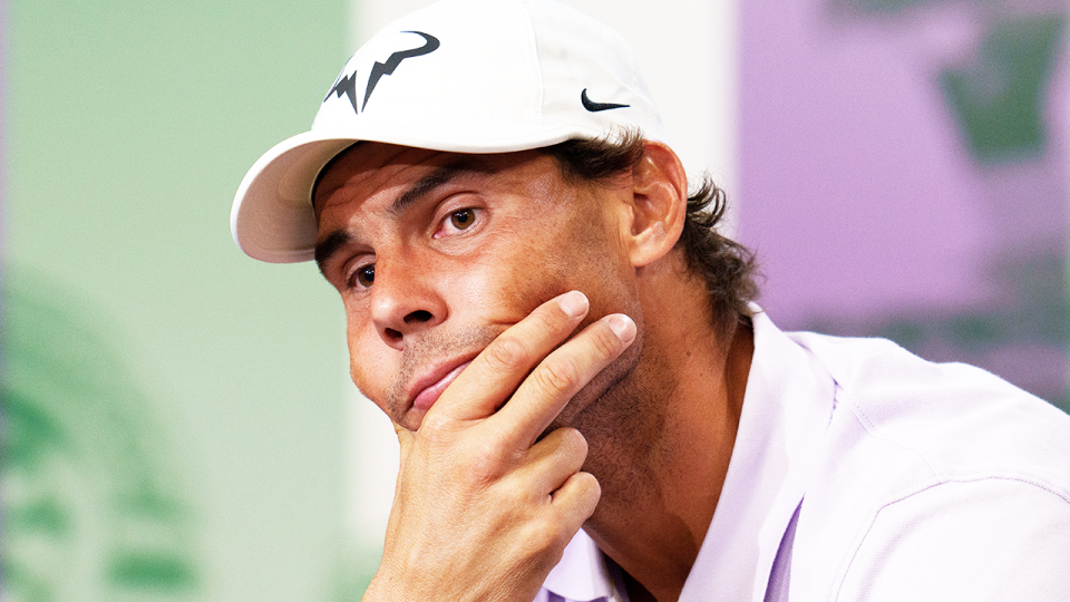 Rafa Nadal (pictured) looking gutted during his Wimbledon press conference to announce his withdrawal.