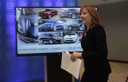 General Motors CEO Mary Barra arrives for a media briefing before the start of GM's Annual Shareholders Meeting at the GM World Headquarters in Detroit June 10, 2014. REUTERS/Rebecca Cook