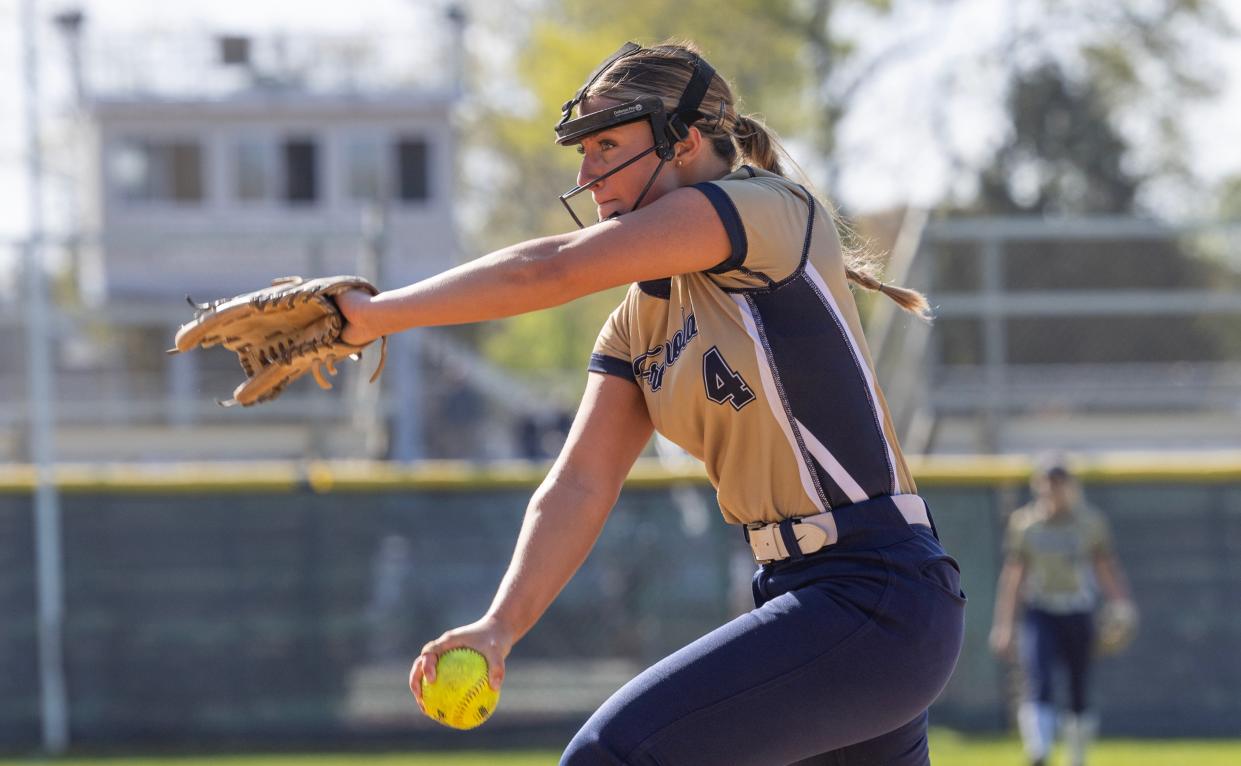 Freehold Boro pitcher Arinanti in early innings. Point Pleasant Borough Softball defeats Freehold Borough 9-5 in Point Pleasant on May 1, 2024.