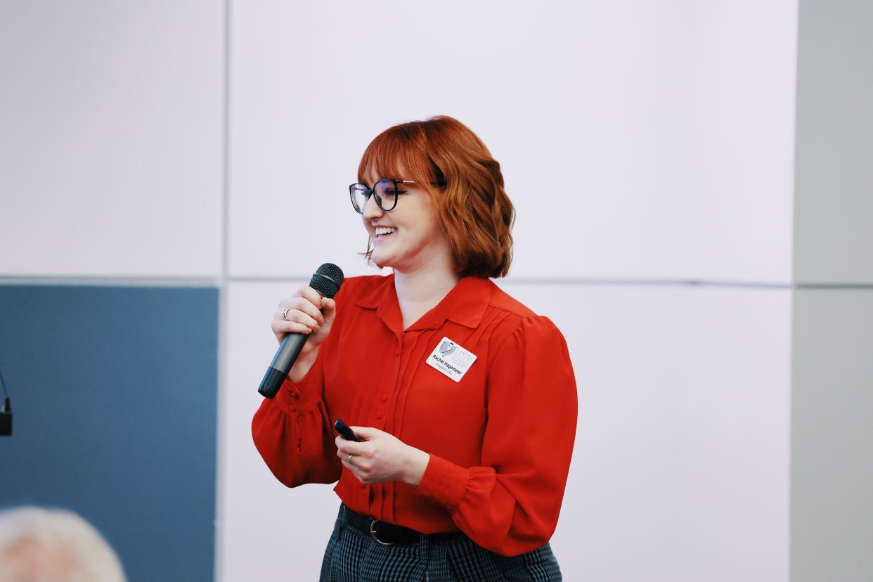 Rachel Hagemeier, CEO and president of the Canton Symphony Orchestra, addresses supporters of the organization at the "State of the Symphony" event.