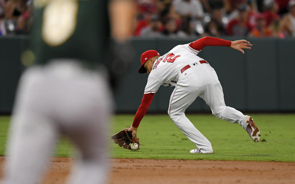 Andrelton Simmons’ defense has put him in the AL MVP conversation. (AP Photo/Mark J. Terrill)