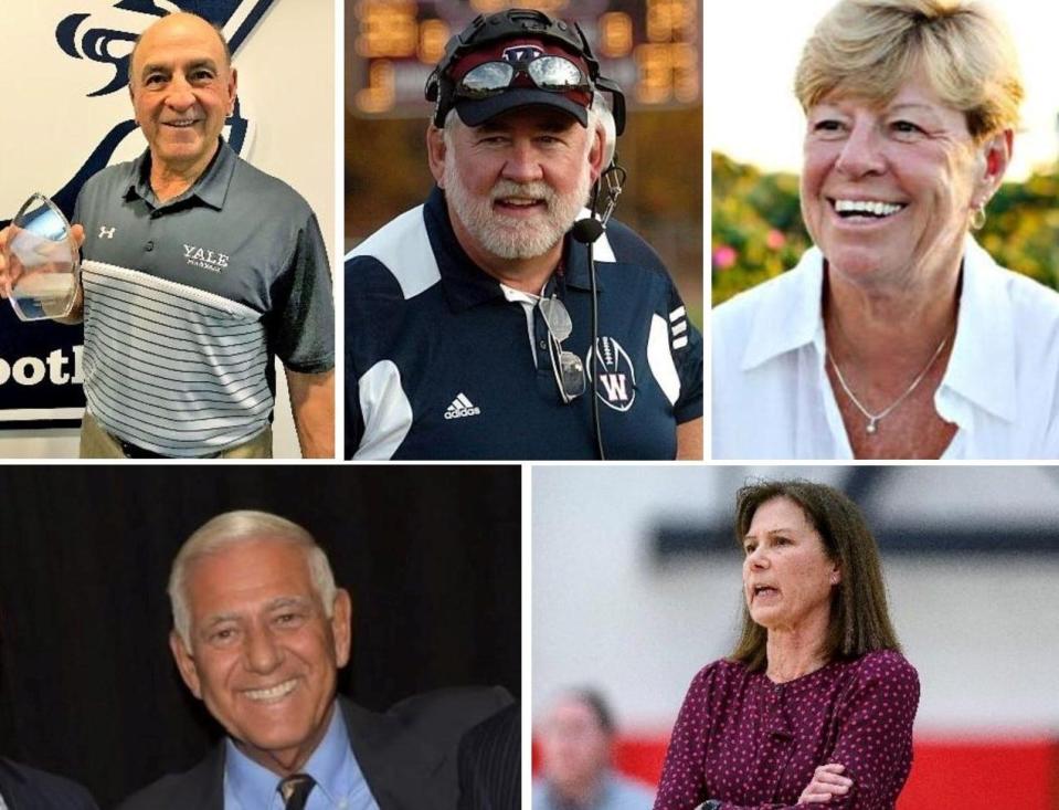 The Connecticut Sports Media Alliance has announced the recipients of the annual Gold Key Award. Top row, from left, Larry Ciotti, Brian Crudden, and Linda Dirga. Bottom row, from left, George Grande, and Kate Mullen.