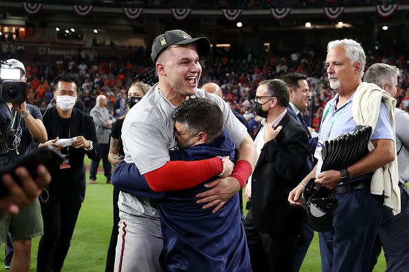 HOUSTON, TEXAS - NOVEMBER 02:  Joc Pederson #22 of the Atlanta Braves celebrates after the 7-0 victory against the Houston Astros in Game Six to win the 2021 World Series at Minute Maid Park on November 02, 2021 in Houston, Texas. (Photo by Elsa/Getty Images)