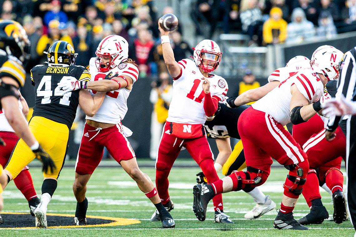 Nebraska’s quarterback Casey Thompson (11) throws a pass during a NCAA Big Ten Conference football game against Iowa, Friday, Nov. 25, 2022, at Kinnick Stadium in Iowa City, Iowa.