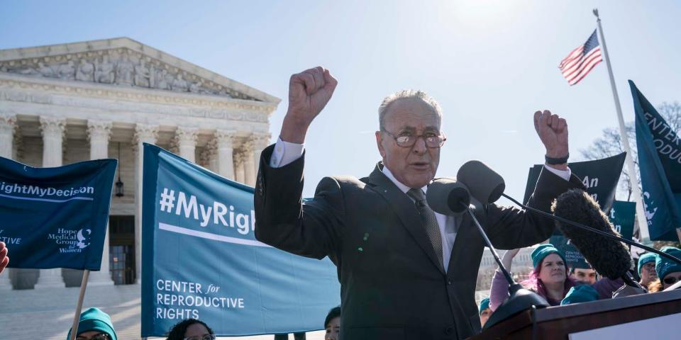 Then-Senate Minority Leader Chuck Schumer of New York at a rally outside the Supreme Court on March 4, 2020.