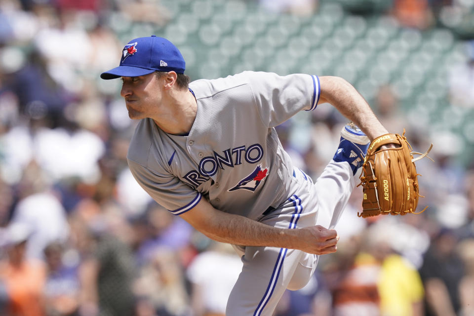 Toronto Blue Jays starting pitcher Ross Stripling throws during the first inning of a baseball game against the Detroit Tigers, Sunday, June 12, 2022, in Detroit. (AP Photo/Carlos Osorio)