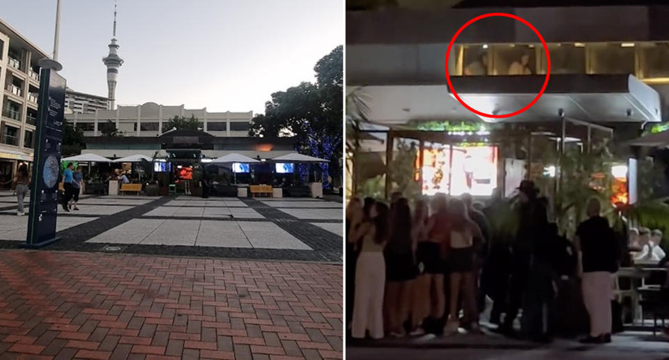 Two women can be seen inside cubicles in the women's bathroom from the street outside Headquarters bar.