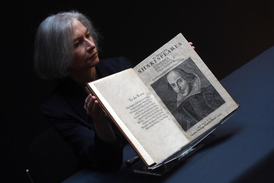 LONDON, ENGLAND - JANUARY 13: William Shakespeare's First Folio on display prior to its auction in New York on January 13, 2020 at Christie's in London, England. The folio was published in 1623 by Shakespeare's friends John Hemmings and Henry Condell. (Photo by Stuart C. Wilson/Getty Images)