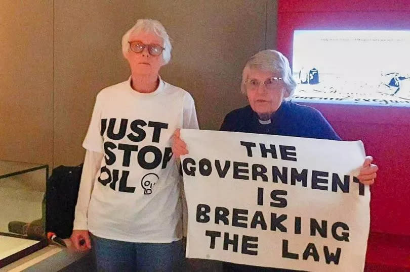 Bristol vicar Rev Sue Parfitt, 82 (right) and retired biology teacher Judy Bruce, attempt to smash the glass case housing a copy of the Magna Carta at the British Library, as part of a Just Stop Oil protest