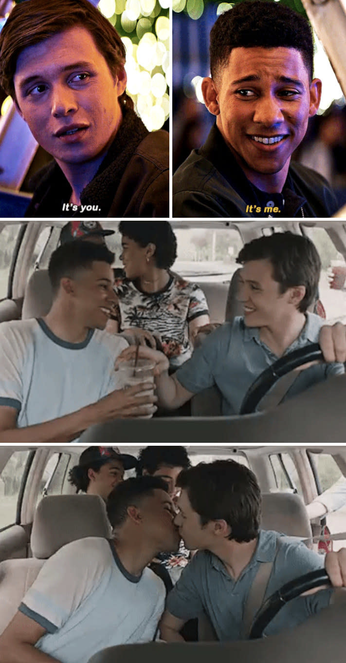 Simon and Bram kissing in Simon's car