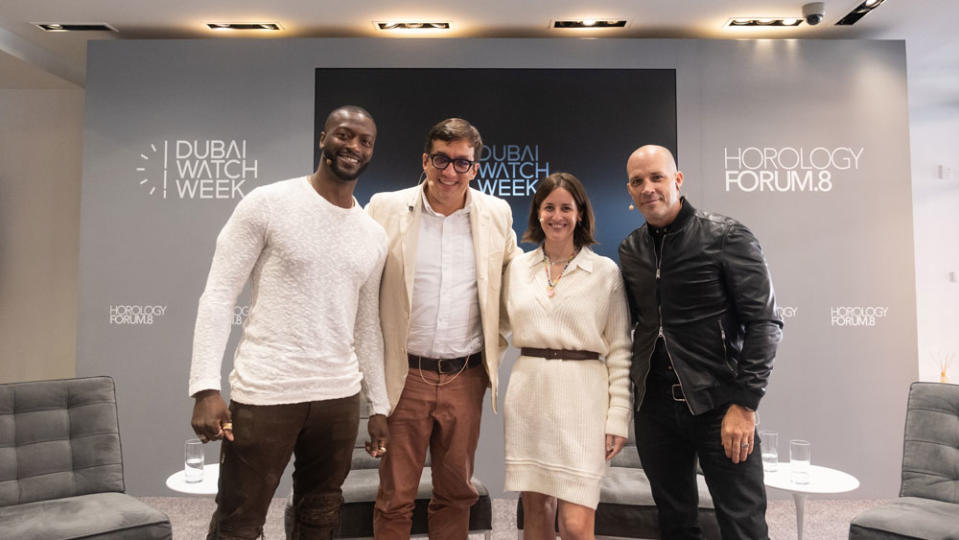 Aldis Hodge; Eric Wind, founder of Wind Vintage; Cara Barrett founder of Parchie Pal and Brandon Little, chief designer of Shinola at Dubai Watch Week's Horology Forum 8