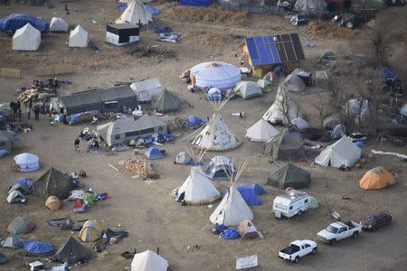 Dakota Access Pipeline protesters are seen at the Oceti Sakowin campground near the town of Cannon Ball, North Dakota, U.S. November 19, 2016 in an aerial photo provided by the Morton County Sheriff's Department. Morton County Sheriff's Department/Handout via REUTERS