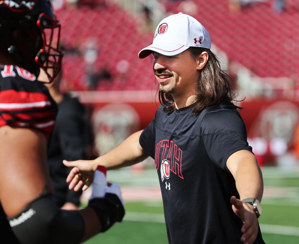 Utah Utes quarterback Cameron Rising (7) cheers on teammates during warm ups for Cal in Salt Lake City on Saturday, Oct. 14, 2023. | Jeffrey D. Allred, Deseret News