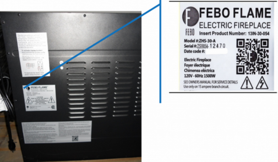 The back panel of the recalled electric fireplace