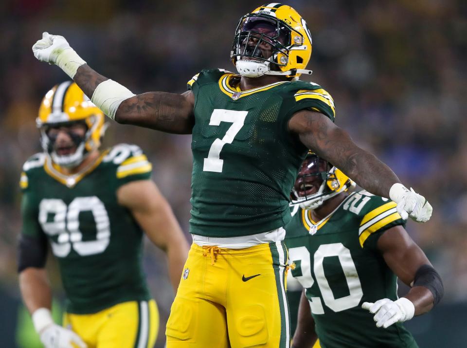 Green Bay Packers linebacker Quay Walker celebrates after making a tackle for loss against the Detroit Lions on Sept. 28. Walker injured his knee in the team's next game against the Las Vegas Raiders on Monday night.