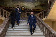 Sen. Mark Kelly, D-Ariz., arrives to deliver his maiden speech to the Senate, at the Capitol in Washington, Wednesday, Aug. 4, 2021. (AP Photo/Amanda Andrade-Rhoades)