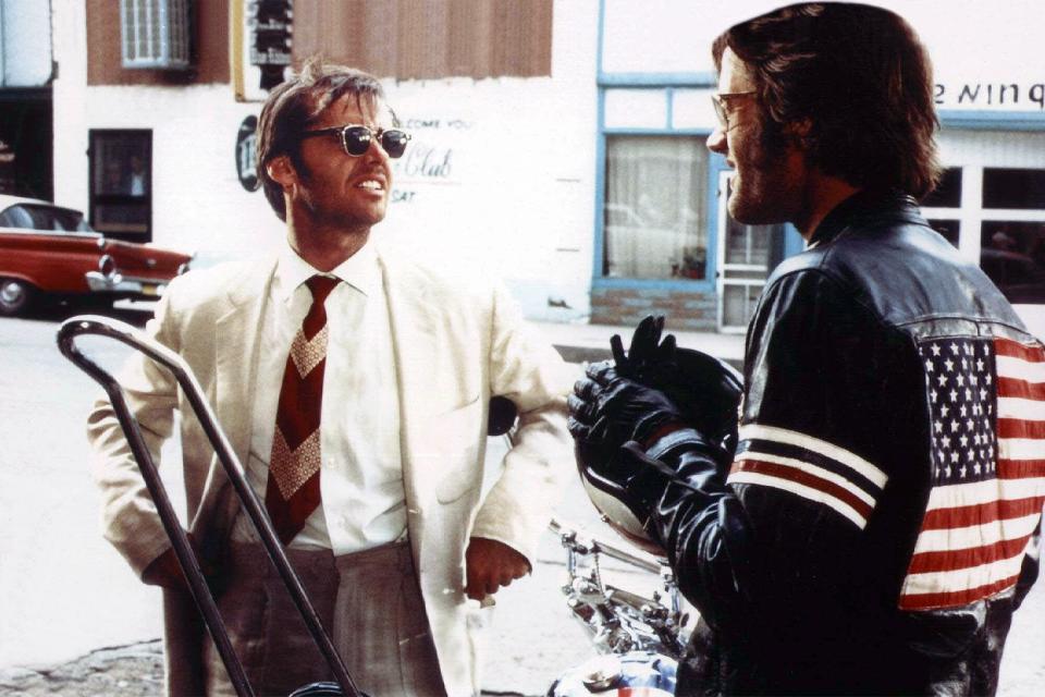 American actors Jack Nickolson and Peter Fonda on the set of Easy Rider, written and directed by actor Dennis Hopper. (Photo by Sunset Boulevard/Corbis via Getty Images)