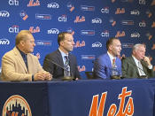 Agent Scott Boras, from left, New York Mets general manager Billy Eppler, Mets center fielder Brandon Nimmo and Mets manager Buck Showalter attend a baseball press conference to announce Nimmo's $162 million, eight-year contract, Thursday, Dec. 15, 2022, at Citi Field in New York. (AP Photo/Ron Blum)