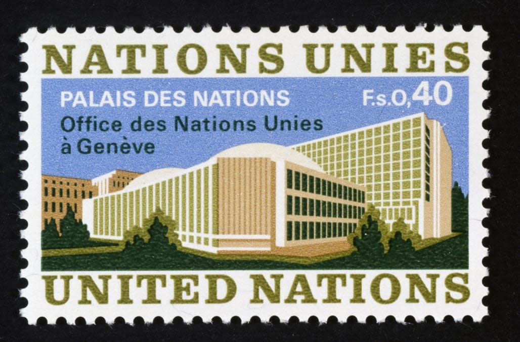 Stamp depicting Palace of Nations in Geneva