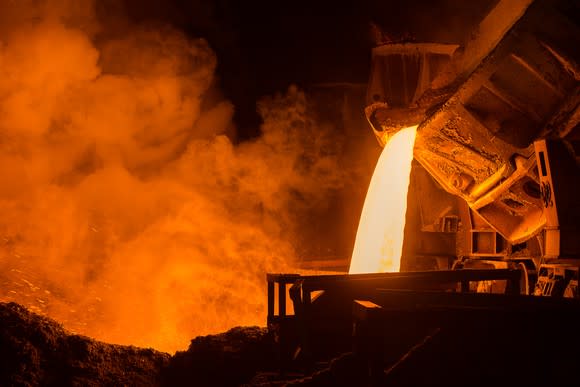 Molten steel pouring in a factory