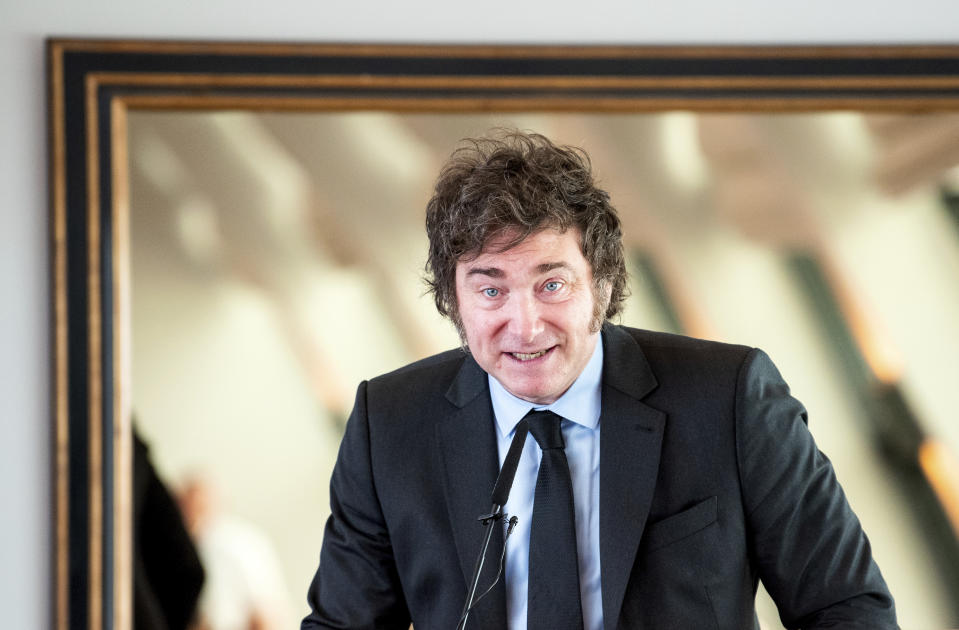 Argentinian President Javier Milei speaks on the occasion of his award of the Hayek Medal of the Friedrich August v. Hayek Society, in Hamburg, Germany, Saturday, June 22, 2024. (Daniel Bockwoldt/dpa via AP)