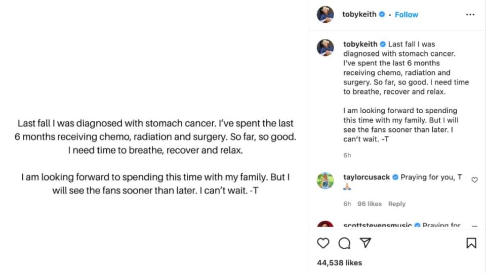 Toby Keith cancer announcement instagram