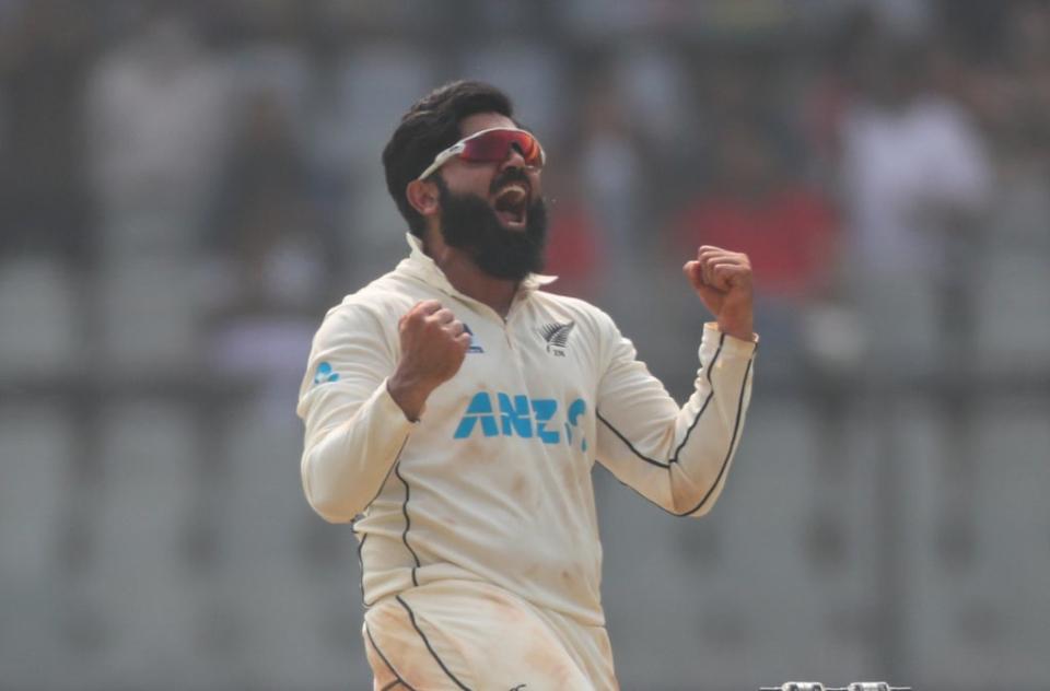 New Zealand’s Ajaz Patel took a perfect 10 wickets against India (Rafiq Maqbool/AP) (AP)