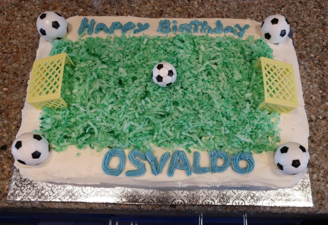 Cakes are baked based on requested themes. For example, Osvaldo wanted a soccer-themed cake for his birthday.