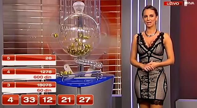 The lottery host looks visibly uncomfortable during the broadcast and appears to slightly stumble on her words. Photo: Supplied