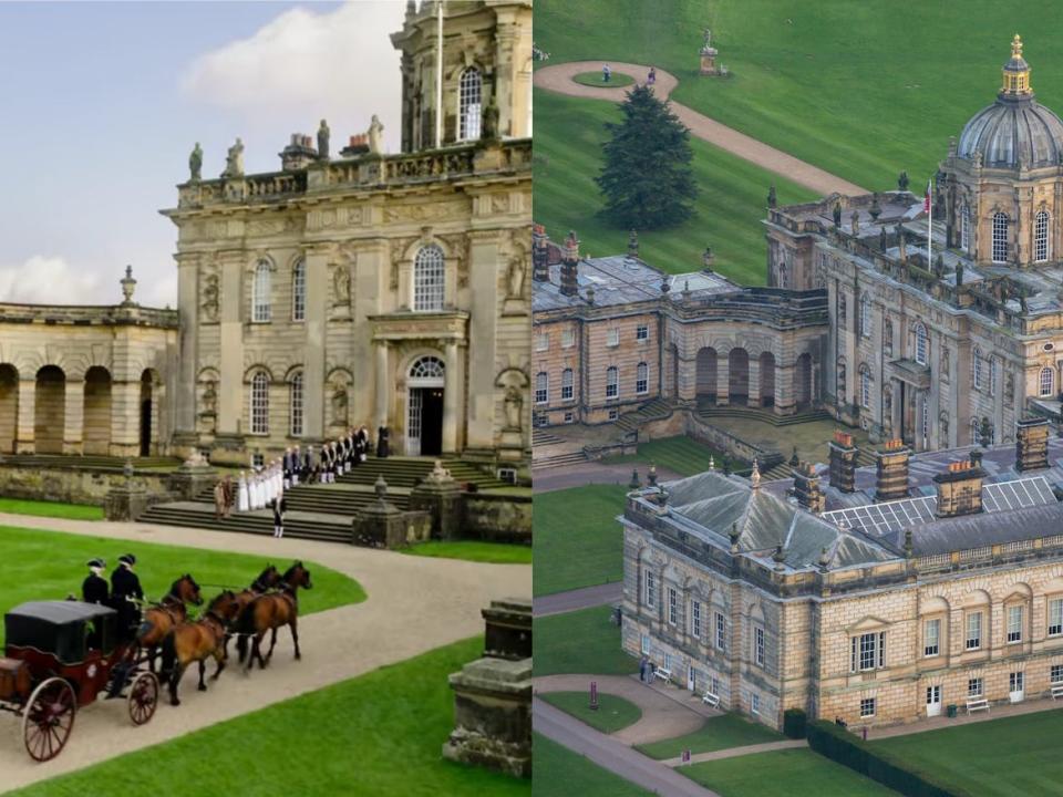 Caste Howard with actors and horses in front as shown in "Bridgerton" (left) and the exterior of the castle shot from afar in real life (right).