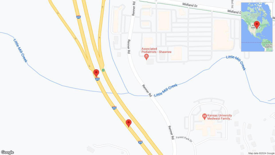 A detailed map that shows the affected road due to 'Lane on I-435 closed in Shawnee' on July 22nd at 4:15 p.m.