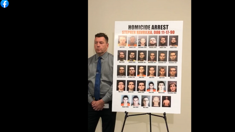 At a press conference on April 21, 2021, that announced the details of the murder of a Venice County motel housekeeper, Sarasota Sheriff’s Office deputies show a poster board featuring mugshots of the man, Stephen Havrilka, who was arrested and charged with second degree murder. He has 34 prior felony arrests.