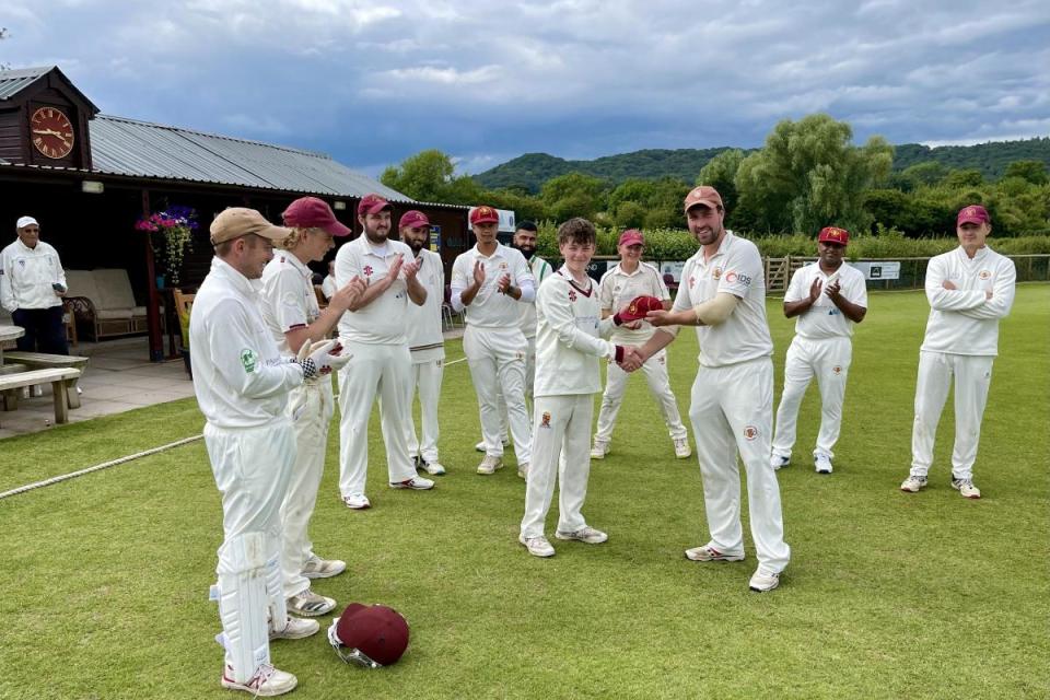 Teenager Rufus Darke being presented with his Burghill, Tillington & Weobley first team cap prior to their match against Droitwich Spa <i>(Image: Submitted)</i>