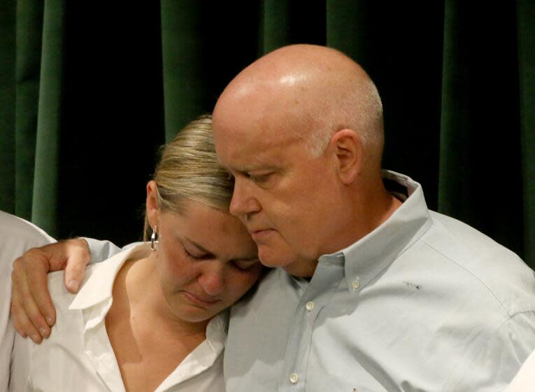 Los Angeles, CA - Members of the Clinkunbroomer family attend a news conference at the Hall of Justice in downtown L.A. on Wedensday, Sept. 20, 2023, to hear charges against Kevin Cataneo Salazar, who is accused of gunning down Sheriff's Deputy Ryan Clinkunbroomer in Palmdale. (Luis Sinco / Los Angeles Times)