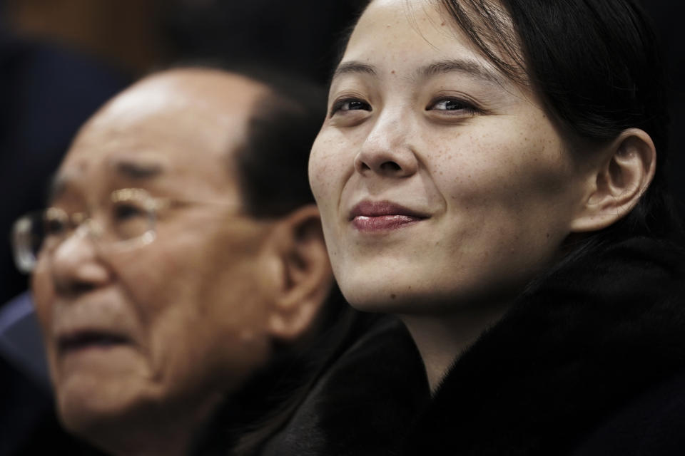 FILE - In this Feb. 10, 2018, file photo, Kim Yo Jong, the sister of North Korean leader Kim Jong Un, waits with North Korea's nominal head of state, Kim Yong Nam, for the start of a women's hockey game at the 2018 Winter Olympics in Gangneung, South Korea. After giving the Biden administration the silent treatment for two months, North Korea this week marshalled two of the most powerful women in its leadership to warn Washington over combined military exercises with South Korea and the diplomatic consequences of its “hostile” policies toward Pyongyang. (AP Photo/Felipe Dana, File)