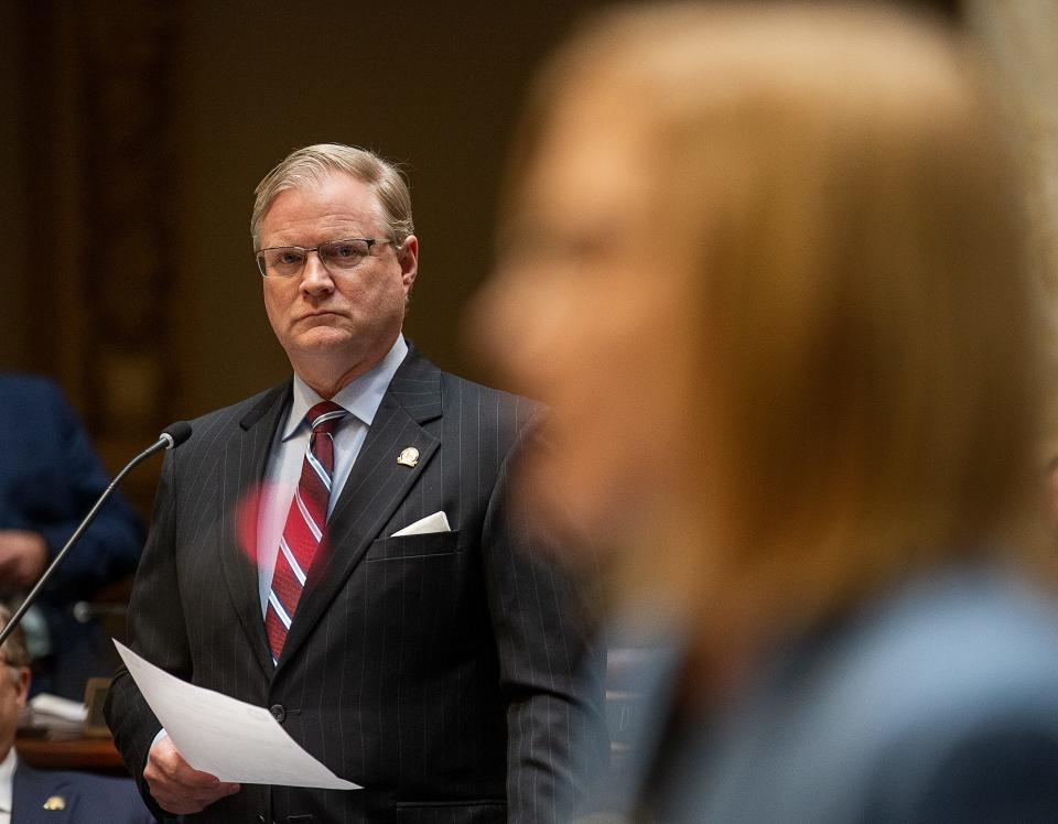 Sen. Damon Thayer, left, listened as Sen. Cassie Chambers Armstrong objected with a point of order before SB 150 voting began. The bill passed the Senate by a 30-7 vote and will now head to the desk of Gov. Andy Beshear. Frankfort, Ky., Mar. 16, 2023