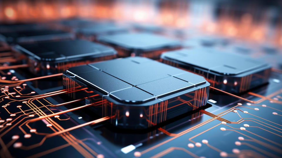 A close-up of a lithium-ion battery surrounded by a network of silicon nanowires.