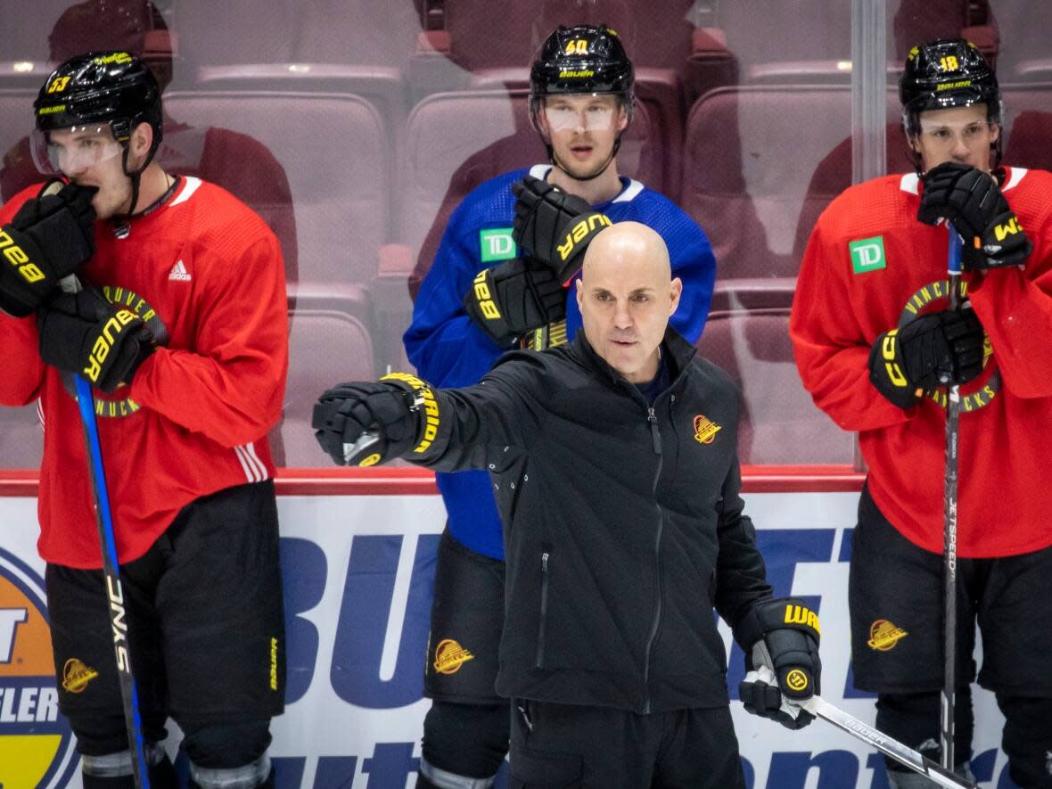 Rick Tocchet runs his first practice as head coach of the Vancouver Canucks in Vancouver, British Columbia, on Monday, Jan. 23, 2023.  (Ben Nelms/CBC - image credit)