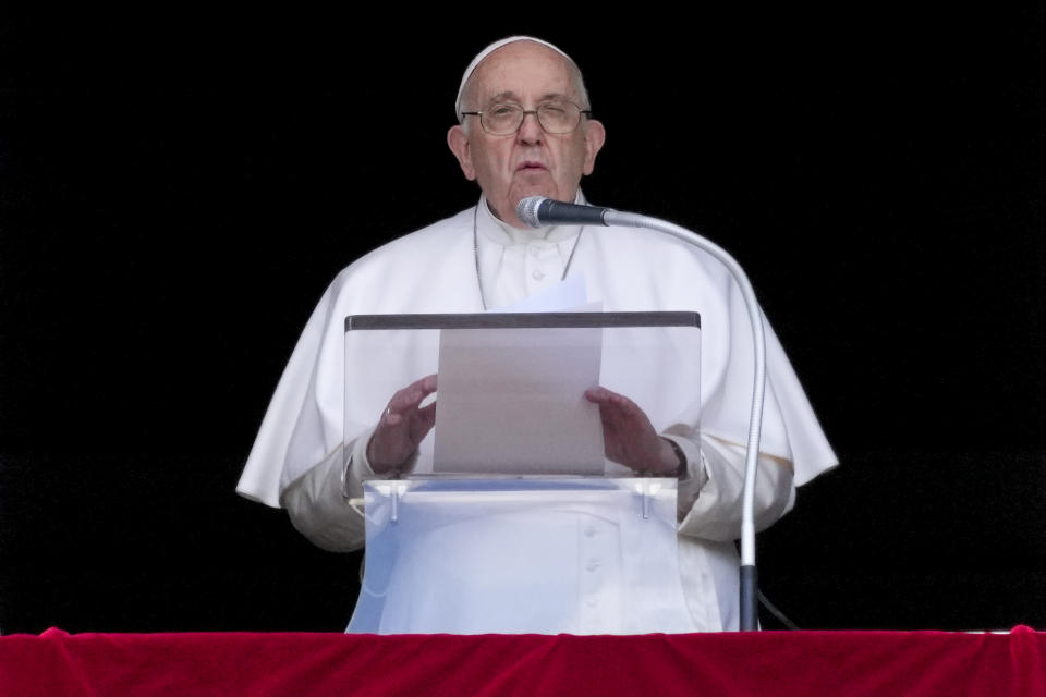 Pope Francis delivers his speech as he recites the Regina Coeli noon prayer from the window of his studio overlooking St.Peter's Square, at the Vatican, Sunday, April 16, 2023. (AP Photo/Andrew Medichini)