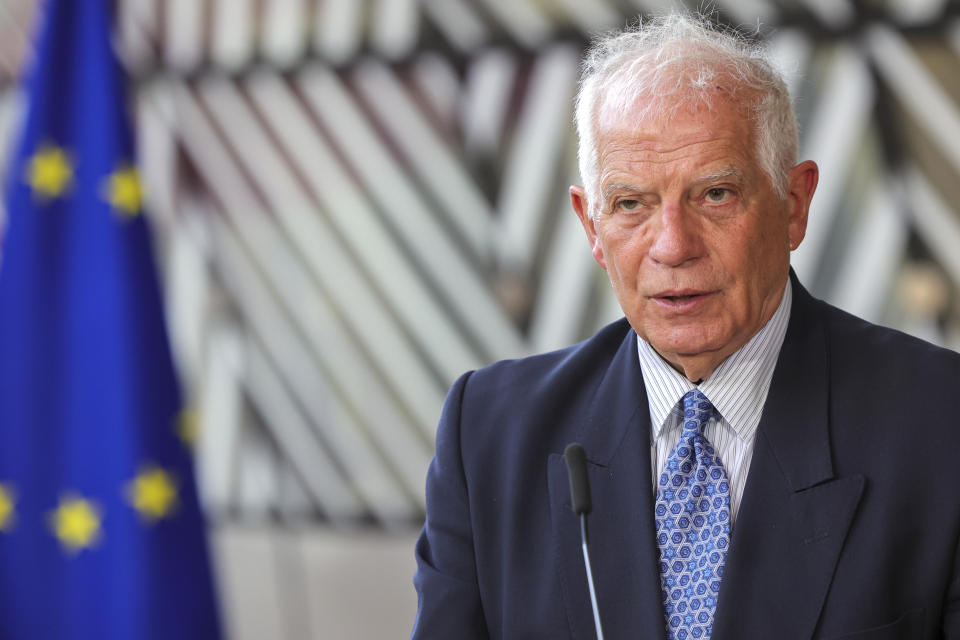 European Union foreign policy chief Josep Borrell addresses the media prior to the EU-US Energy Council Ministerial meeting at the European Council building in Brussels, Tuesday, April 4, 2023. (Olivier Matthys, Pool Photo via AP)