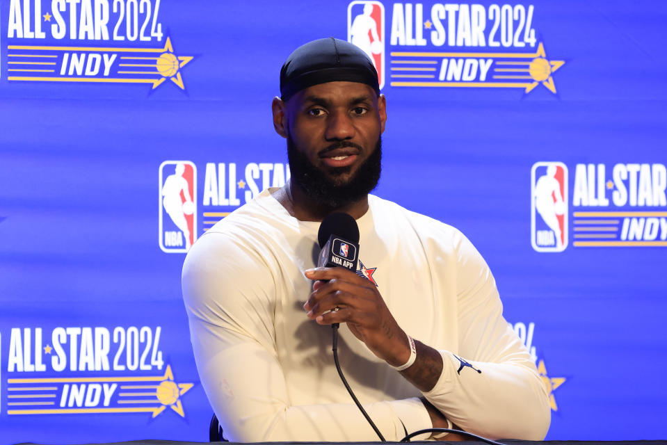 INDIANAPOLIS, INDIANA - FEBRUARY 18: LeBron James #23 of the Los Angeles Lakers and Western Conference All-Stars speaks to the media prior to the 2024 NBA All-Star Game at Gainbridge Fieldhouse on February 18, 2024 in Indianapolis, Indiana. NOTE TO USER: User expressly acknowledges and agrees that, by downloading and or using this photograph, User is consenting to the terms and conditions of the Getty Images License Agreement. (Photo by Justin Casterline/Getty Images)