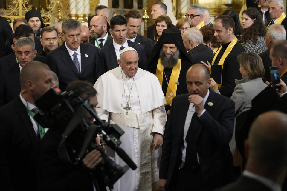 Pope Francis meets a Greek Catholic community in the "Protection of the Mother of God" church, in Budapest, Hungary, Saturday, April 29, 2023. The Pontiff is in Hungary for a three-day pastoral visit. (AP Photo/Andrew Medichini)